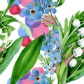 Forget me not and lily of the valley flowers. Watercolor background illustration set. Seamless background pattern. Royalty Free Stock Photo