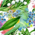 Forget me not and lily of the valley flowers. Watercolor background illustration set. Seamless background pattern. Royalty Free Stock Photo