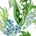 Forget me not and lily of the valley flowers. Watercolor background illustration set. Seamless background pattern. Royalty Free Stock Photo