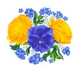 Vector floral composition with Buttercups, Ranunculus, Pansies, Violas, Forget-me-nots.