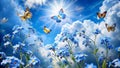 Forget-me-nots growing in the sky like floating clouds with butterflies dancing between them