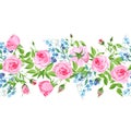 Forget-me-nots and roses seamless vector horizontal banner