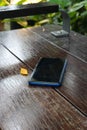 forget smartphone on a park bench, lost smart phone Royalty Free Stock Photo