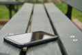 forget smartphone on a park bench, lost smart phone Royalty Free Stock Photo