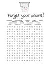 Forget your phone Funny restroom poster. Bathroom word search puzzle. Toilet humor. Home wall decor print. Vector illustration