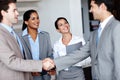 Forging a business partnership. Two businessmen sealing the deal with a handshake while their colleagues look on happily