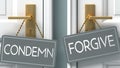 Forgive or condemn as a choice in life - pictured as words condemn, forgive on doors to show that condemn and forgive are Royalty Free Stock Photo