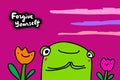 Forgive yourself hand drawn vector illustration in cartoon comic style frog cheerful with tulips
