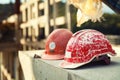 Forgotten builder helmet lying on a concrete block on the blurry background Bridge construction at day light Royalty Free Stock Photo