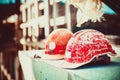 Forgotten builder helmet lying on a concrete block on the blurry background Bridge construction at day light Royalty Free Stock Photo