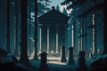 forgotten cemetery filled with ancient tombs, surrounded by a dark forest. AI generation