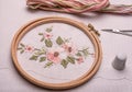 Forgotten craft embroidery. The cloth, thread, needle, thimble, scissors Royalty Free Stock Photo
