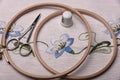 Forgotten craft embroidery. The cloth, thread, thimble, scissors embroidery hoop Royalty Free Stock Photo