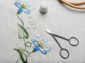 Forgotten craft embroidery. The cloth, thread, thimble, scissors Royalty Free Stock Photo