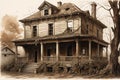 Forgotten Elegance: Abandoned House with Cracked Wooden Facade, Overgrown Ivy Clinging to Surfaces, Shattered Windows in