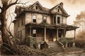 Forgotten Elegance: Abandoned House with Cracked Wooden Facade, Overgrown Ivy Clinging to Surfaces, Shattered Windows in