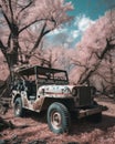A forgotten of military jeeps and equipment now surrounded by blossoms Abandoned landscape. AI generation