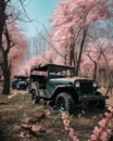 A forgotten of military jeeps and equipment now surrounded by blossoms Abandoned landscape. AI generation