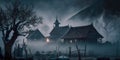 A forgotten mystical village engulfed in fog.Generative AI