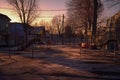 forgotten playground with shadows lengthening at dusk