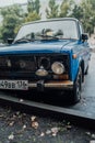 Voronezh, Russia August 17, 2019: Forgotten rusty car on road. Abandoned rusty old car on road. Car after an accident