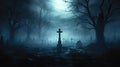 Forgotten Souls Abandoned Spooky Cemetery with Old Celtic Cross Gravestone on Dark Misty Night. created with Generative AI