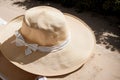 A forgotten sun hat resting on a sun lounger Royalty Free Stock Photo