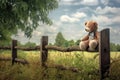 forgotten teddy bear sitting on a park fence, overlooking a meadow