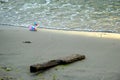 A forgotten toy duck lies on the shore in the waves. Royalty Free Stock Photo