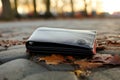 Forgotten wallet left on a park bench, a moment of absentmindedness Royalty Free Stock Photo