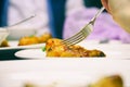 Fork in chicken leg on blurred background Royalty Free Stock Photo