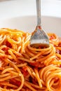 Fork close-up wrapped in Italian spaghetti pasta in white plate with ketchup sauce, vertical image Royalty Free Stock Photo