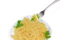 Fork with cooked cylinder-shaped pasta over dish with pasta