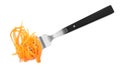 Fork with delicious Korean carrot salad on white background, top view Royalty Free Stock Photo