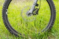 Fork and front wheel of a mountain bike with a 203 mm rotor on a background of green grass Royalty Free Stock Photo