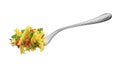 Fork with fusilli pasta broccoli tomatoes and aromatic herbs