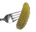 Fork with gherkin isolated on white background. Pickled cucumber on fork