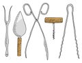 Fork for herring or cake spatula, asparagus tongs, corkscrew and confectionery tongs. Chef and kitchen utensils, cooking