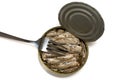 Fork on iron bank with sprats Royalty Free Stock Photo