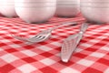 Fork and Knife closeup on a red table cloth Royalty Free Stock Photo