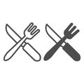 Fork and knife crossed, eating utensils line and solid icon, catering concept, cutlery vector sign on white background Royalty Free Stock Photo