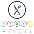 Fork and knife in crossed position flat color icons in round outlines