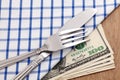 Fork and knife on dollar bills