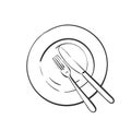 Fork and knife on empty plate, Vector linear sketch top view cutlery isolated, Kitchen dining utensils Royalty Free Stock Photo