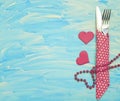 Fork, knife, heart, concept celebration blue wood background romance Royalty Free Stock Photo