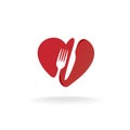 Fork and knife with heart shape lovely food logo.