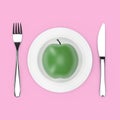 Fork and Knife near Plate with Fresh Green Apple, Top View . 3d Rendering Royalty Free Stock Photo