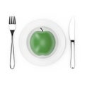 Fork and Knife near Plate with Fresh Green Apple, Top View . 3d Rendering Royalty Free Stock Photo