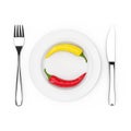 Fork and Knife near Plate with Red and Yellow Chili Pepper, Top View. 3d Rendering