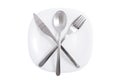 Fork and knife over white plate isolated Royalty Free Stock Photo